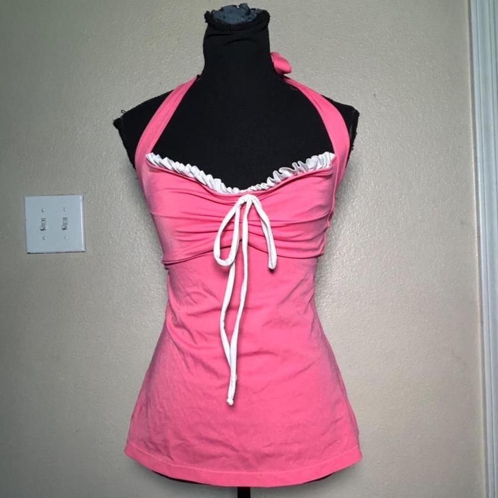 Y2K Coquette Pink White Halter Cami Top Ruched Tie Front Medium Vintage Style